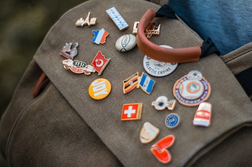 Badges on messenger bag